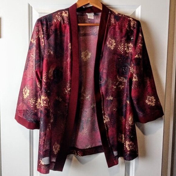 Haband Burgundy Red Floral Sheer Open Jacket - Picture 1 of 4